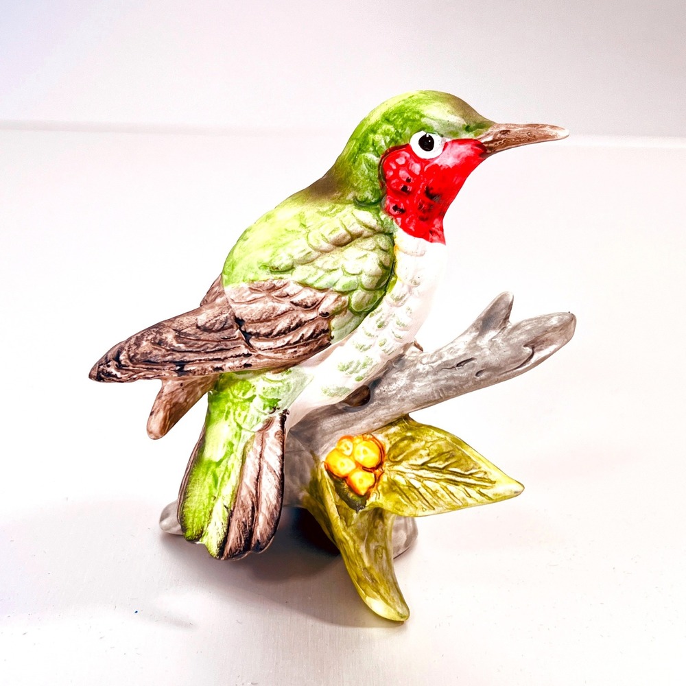 Vintage Ceramic Hummingbird Figurine Red Throated Bird on Branch Hand Painted